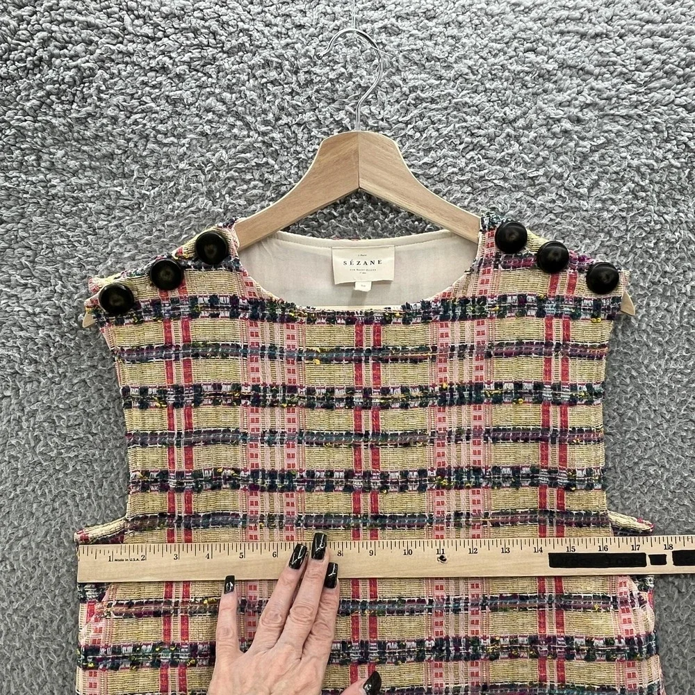 Sezane Dress 4 Multicolor Plaid Tweed Katie Sleeveless MOD Retro Mini Shift - Picture 7 of 13